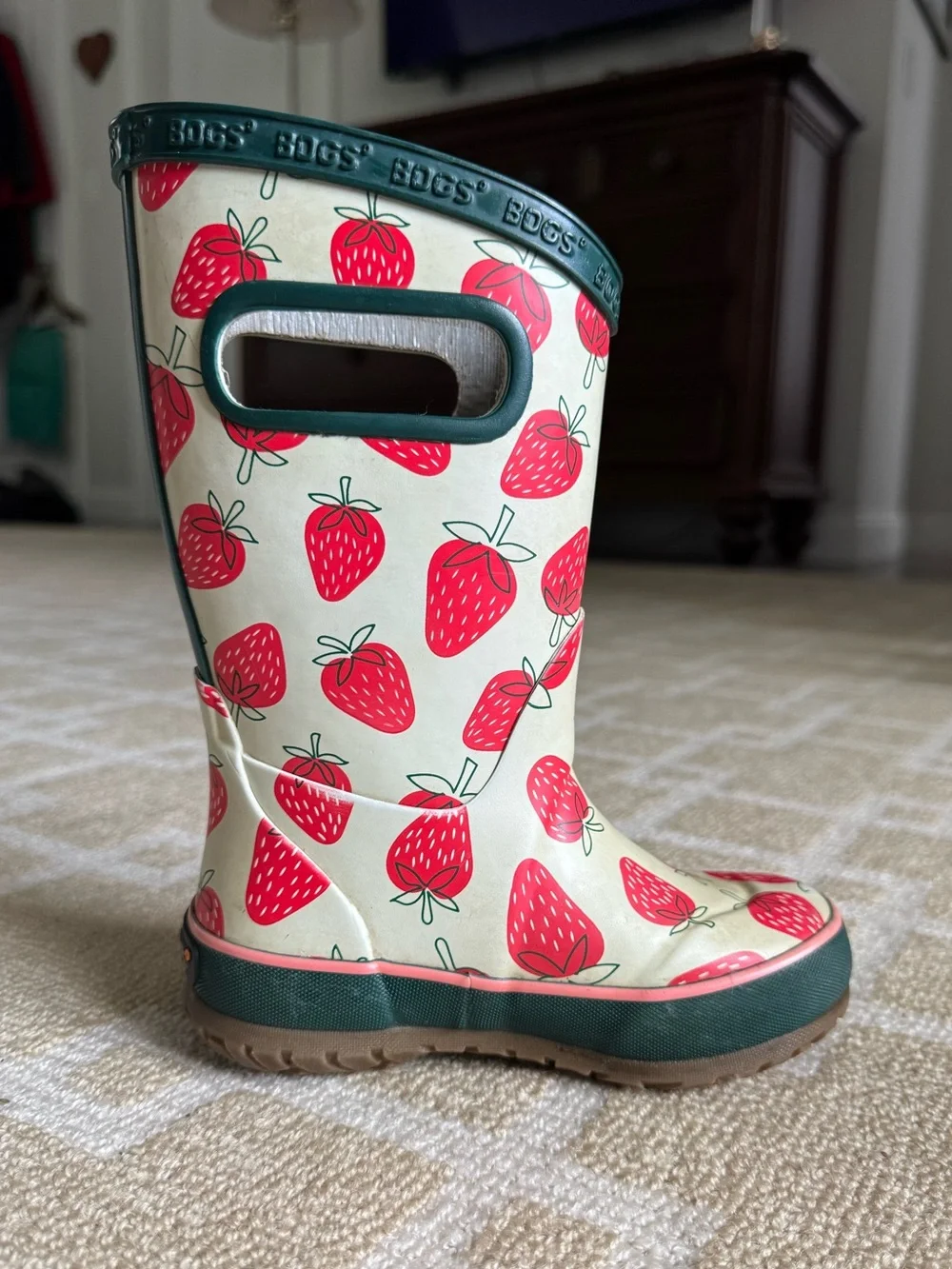BOGS Kids Skipper II Waterproof Rain Boots Cream Red Strawberry Print Girls 8
